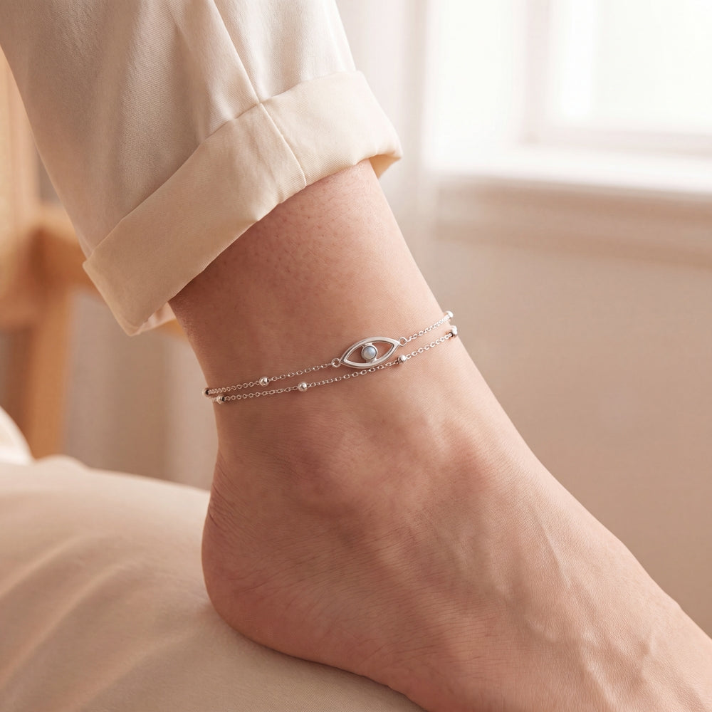 925 Silver Opal Evil Eye Double Chain Anklet